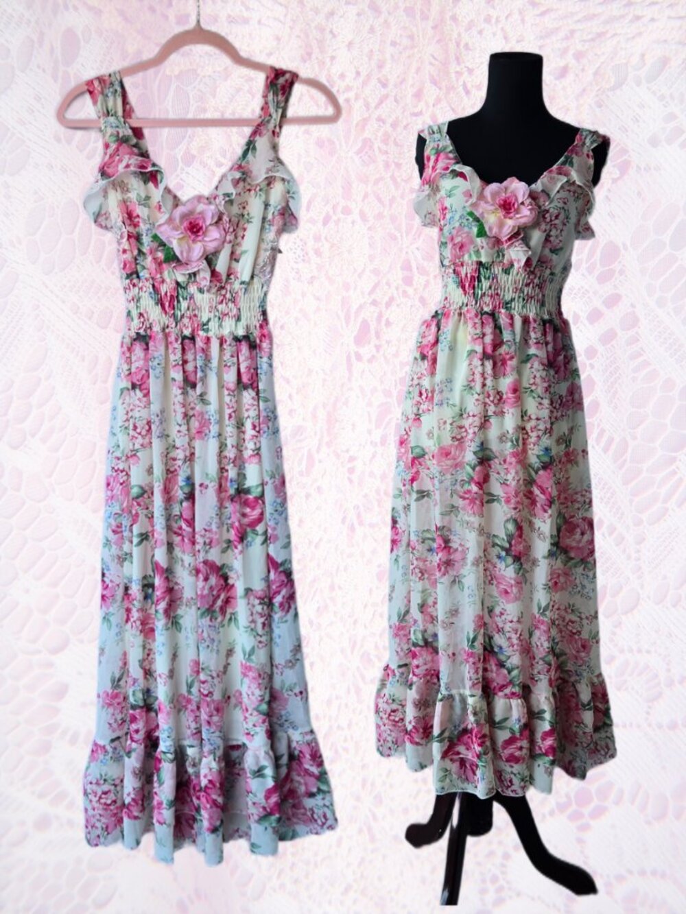 Floaty Cream Chiffon and Rose Print Dress Romantic Cottagecore Small